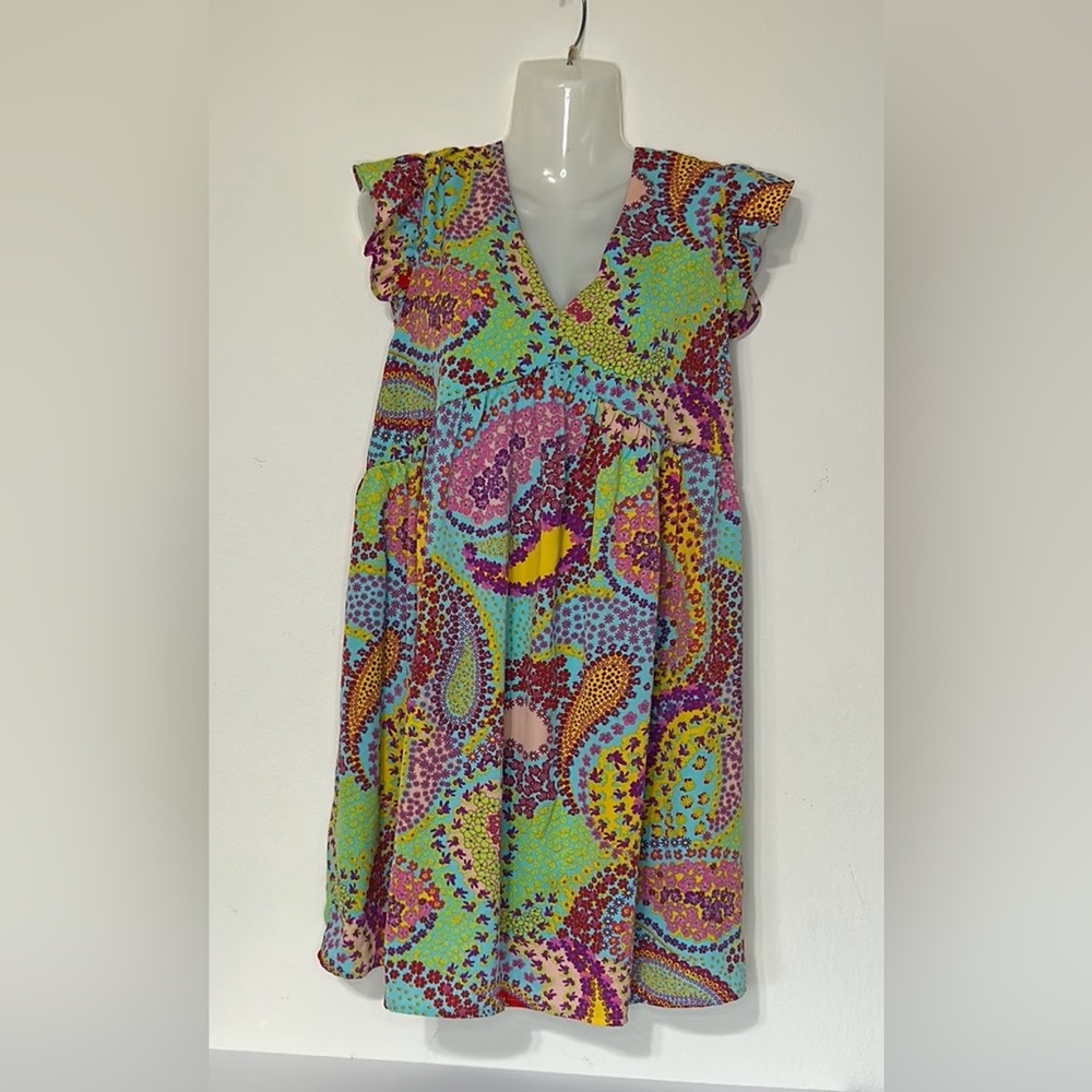 Vibrant Multicolor Paisley V-Neck Flutter Sleeve Dress